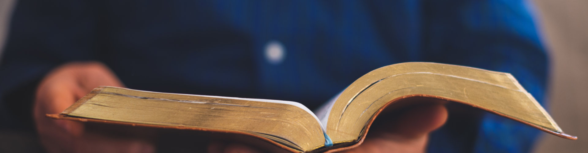 Elderly man sitting on couch and reading Bible